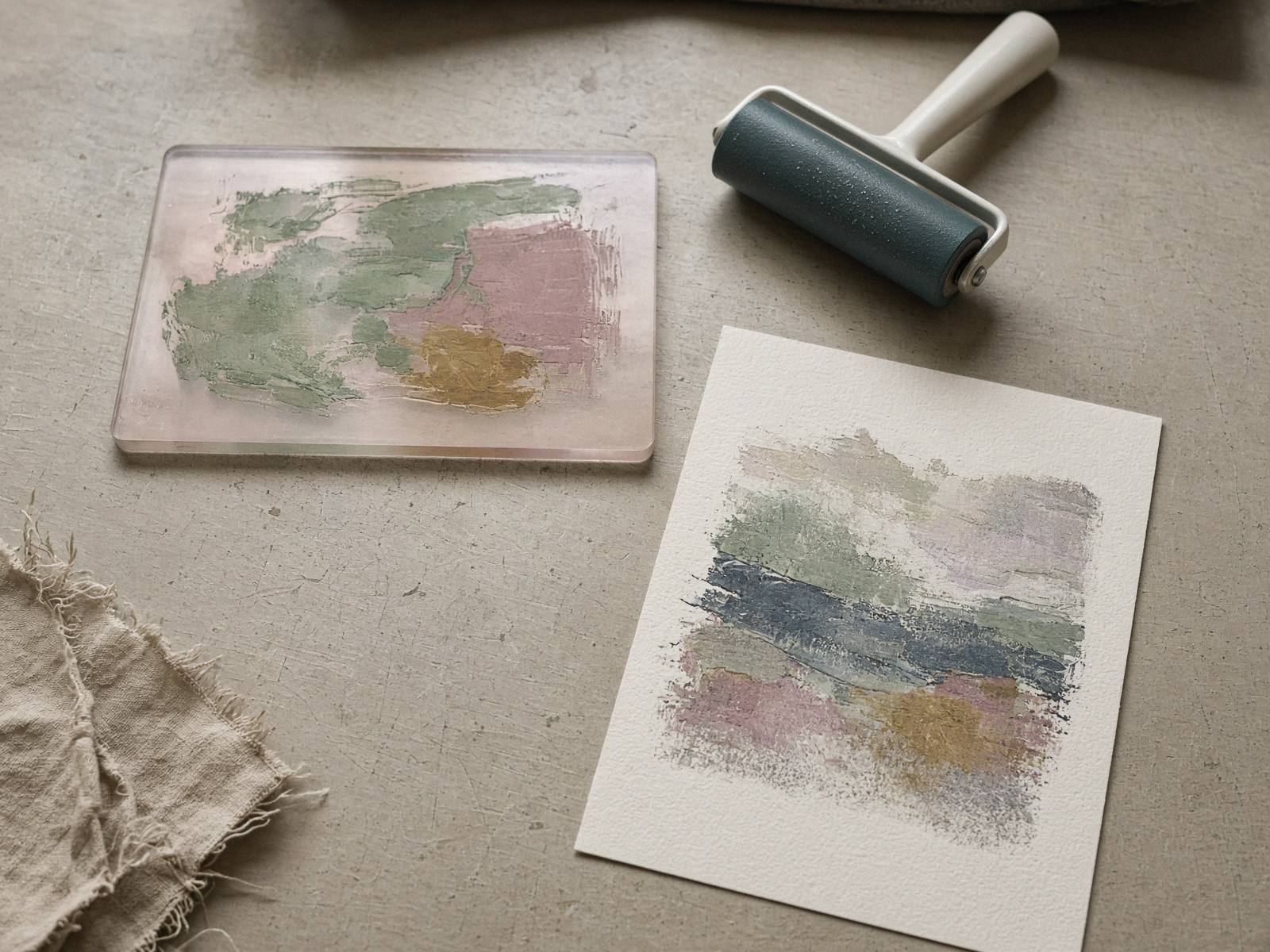 A gel printing plate, brayer, and a pulled monoprint
