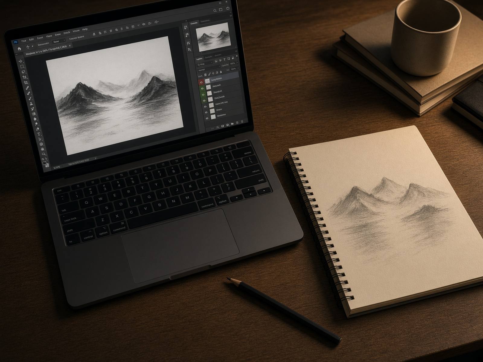 A laptop beside a sketchbook on a warm desk